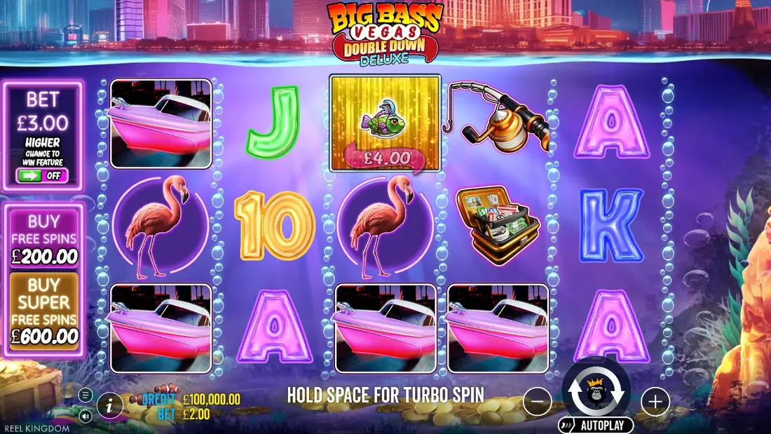 Big Bass Vegas Double Down Deluxe base game grid in demo mode