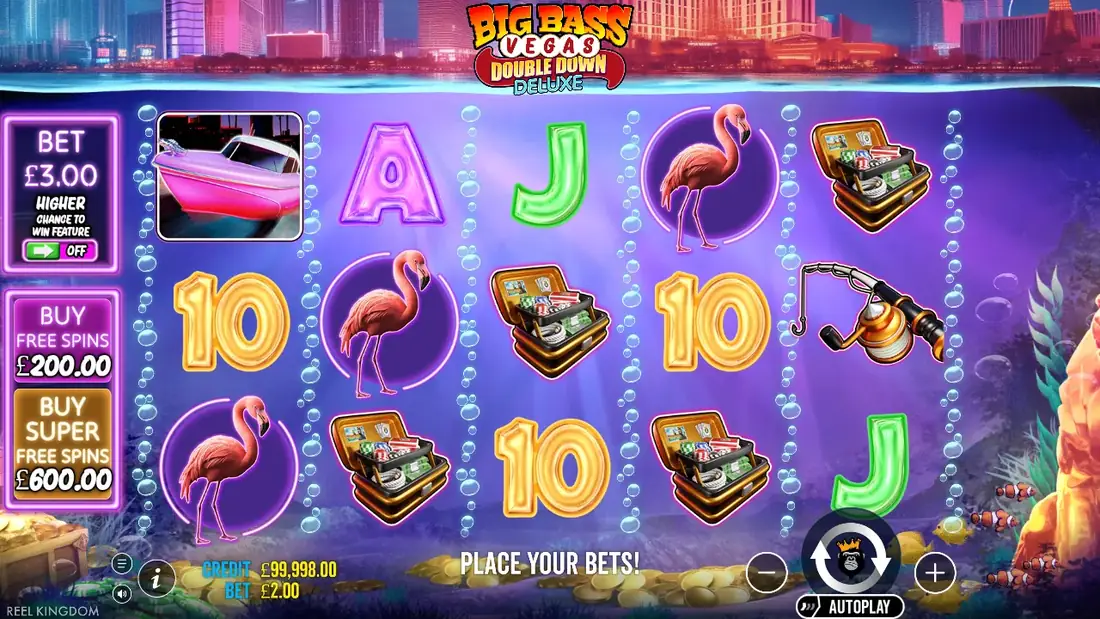 A spin of Big Bass Vegas Double Down Deluxe in the demo